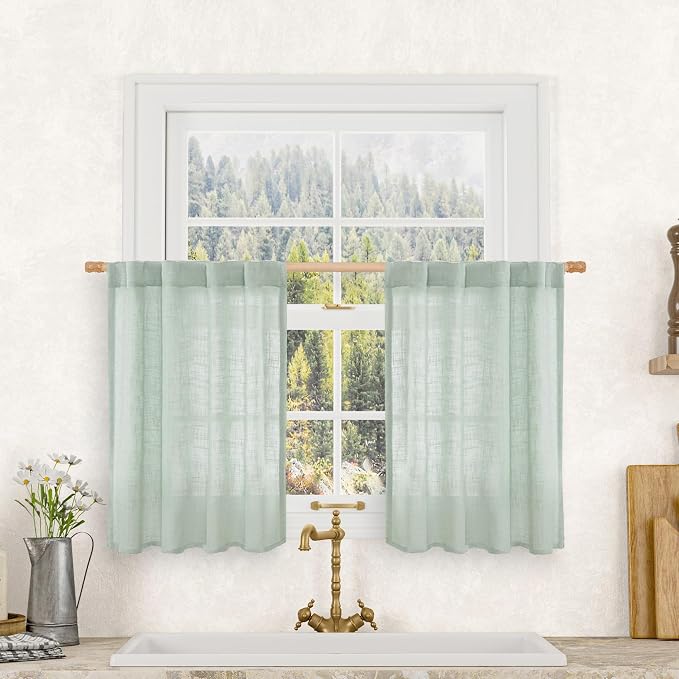 Short Linen Window Curtains 30 Inches Long 2 Panels 34 x 30 Inch | Light Sage by LAMIT