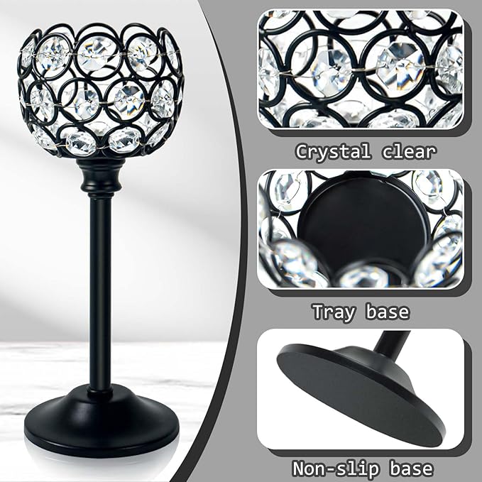 Crystal Metal Tealight Candlestick, Bling Bowl Candelabras, Tall Crystal Votive Candle Holders Elegant Crystal Candle Centerpiece for Dining Table Wedding Decor (Set of 3, Balck)