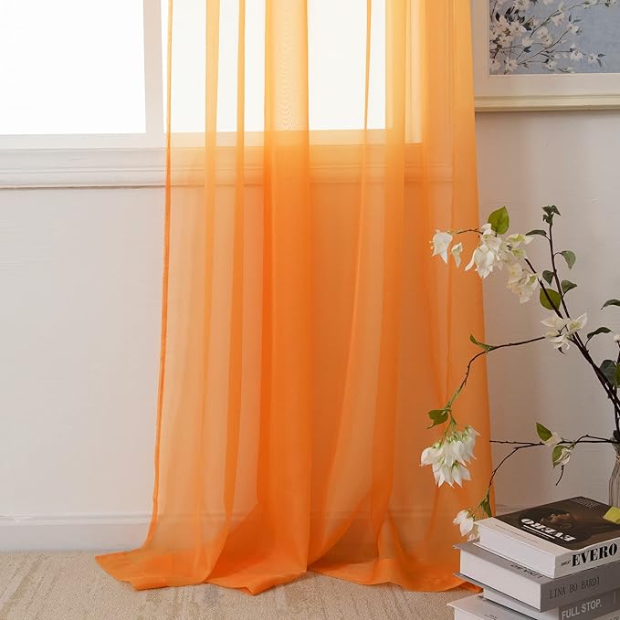 HUTO Orange Sheer Curtains 63 inches Long for Bedroom Top Rod Pocket Sheer Window Panels Curtains for Nursery Living Room 52 by 63 Inch Length Set of 2