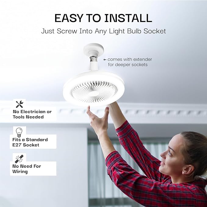 Bell+Howell SocketAir Wireless Ceiling Fan Light with Remote Control, Extender,110-120 Volt, 2100 Lumens, 3 Fan Speeds, 3 Light Settings, 6500K for Living, Dining, Working Space ASON TV