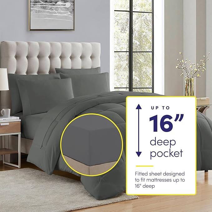 Queen Comforter Set with Sheets - 7-Piece Bedding Collection - 1 Comforter, 1 Fitted Sheet, 1 Flat, 4 Pillowcases - Deep Pocket - Soft & Breathable Premium Quality - Ideal for All Seasons, Gray