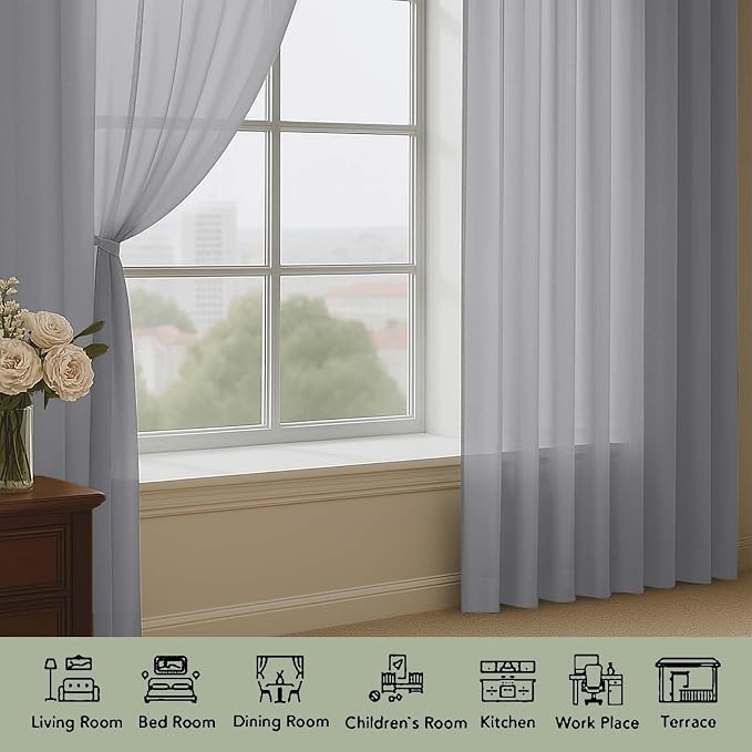 Grey Sheer Curtains 72 Inches Long 2 Panels Set, Transparent Voile Sheer Curtain - Image 3