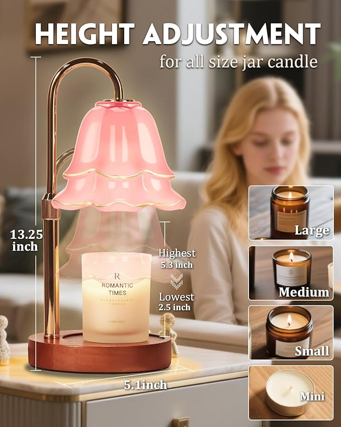 Pink Candle Warmer Lamp with Timer & Dimmer, Adjustable Height Birthday Gifts for Women Mom, Flower Candle Lamp Warmer, Wax Warmer with 2 Bulbs, House Warming New House Decorations