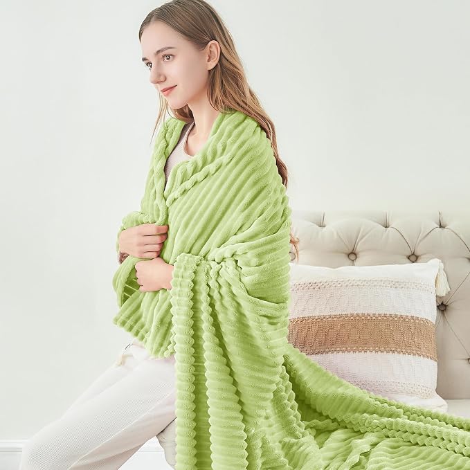 BEDELITE Ribbed Jacquard Cream Lime Fleece Twin Blanket - Image 8