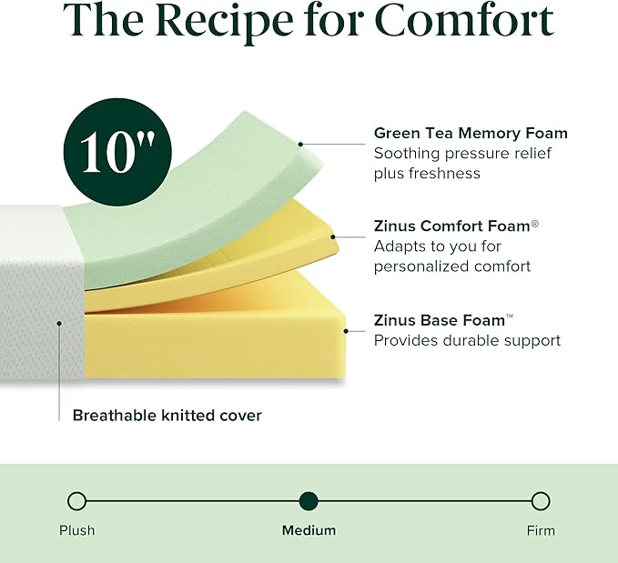 ZINUS 10 Inch Twin XL Green Tea Memory Foam Mattress [New Version], Fiberglass Free, Medium Firm Feel, Zoned Pressure Relief, Certified Safe Foams & Fabric, Mattress-in-a-Box