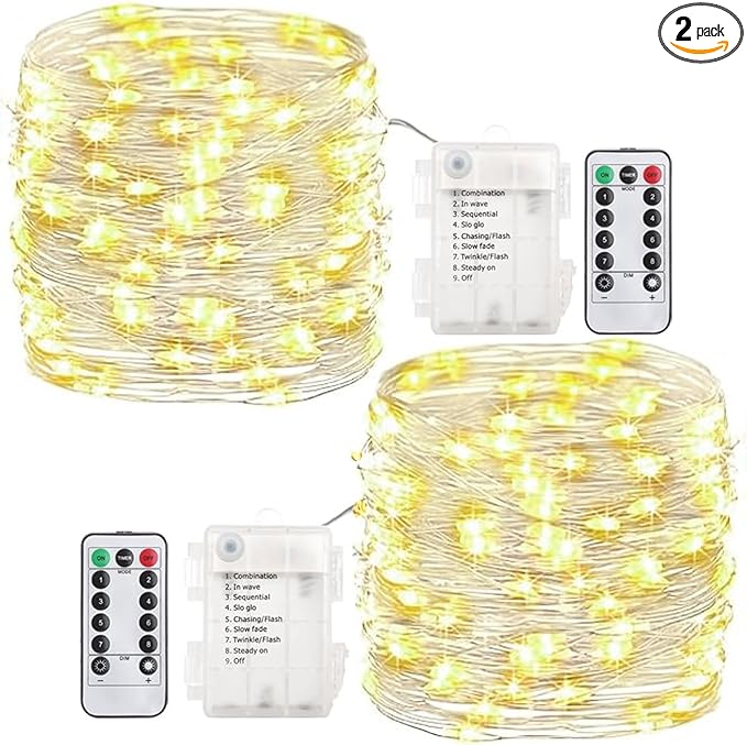 GDEALER 2 Pack Fairy Lights 20 Ft 60 Led Battery Operated Christmas Lights with Remote Waterproof Silver Wire Twinkle Lights 8 Modes Fairy String Lights for Party Bedroom Decorations- Warm White