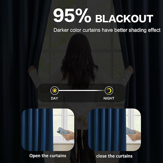 Dark Navy Blue Pleated Blackout Curtains 2 Panels Set, Thermal Insulated Room - Image 3
