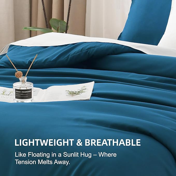 Litanika Comforters Teal Oversized Queen Size, 3 Pieces Lightweight Solid Bedding Set & Collections, All Season Fluffy Bed Set (98x98In Comforter & 2 Pillowcases)