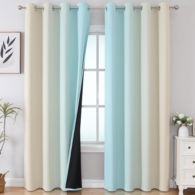 Aqua and Beige Ombre Blackout Bedroom Curtains 108 Inches | Thermal Insulated - Image 2