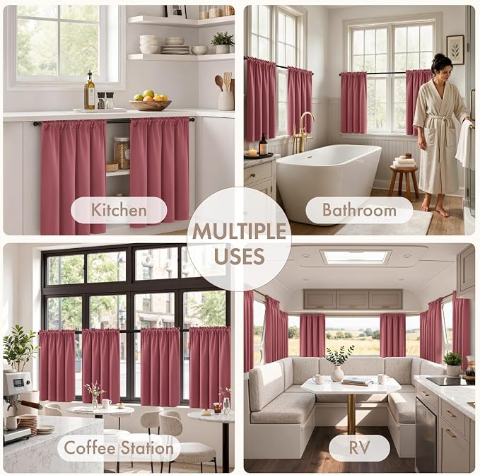 MIULEE Set of 4 Dusty Rose 45 Inch Short Blackout Kitchen Window Curtains | - Image 5