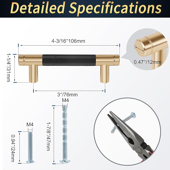 Knurled Cabinet Pulls 2 Pack, 4 Inch Long Cabinet Handles Metal Door Pulls, Kitchen Drawer Pull Knurled Dresser Handles - 3" Hole to Hole, Black & Gold