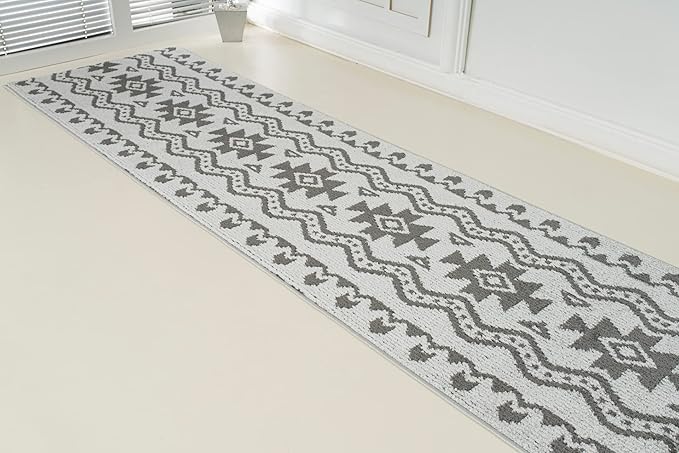 Custom Size Southwestern Style Runner Rug Mat for Wide Hallway Entryway Kitchen Laundry Room with Slip Resistant Latex Rubber Backing, Aztec Light Grey, 31 inch X 15 feet