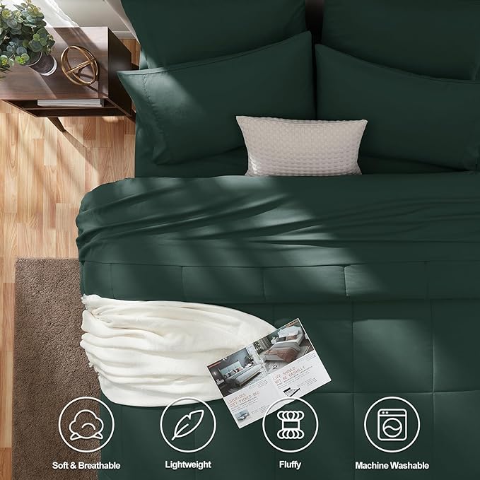 CozyLux King Size Comforter Set Forest Green, 7 Pieces Bed in a Bag, Green Comforter King Size, All Season Bedding Sets with Stitch Quilted Comforter, Flat Sheet, Fitted Sheet, Pillowcases