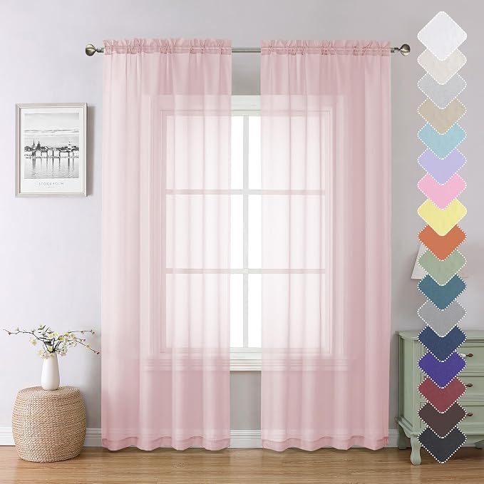 Blush Pink Sheer Curtains 84 Inches Long 2 Panels Set, Light Filtering Window by Lecloud
