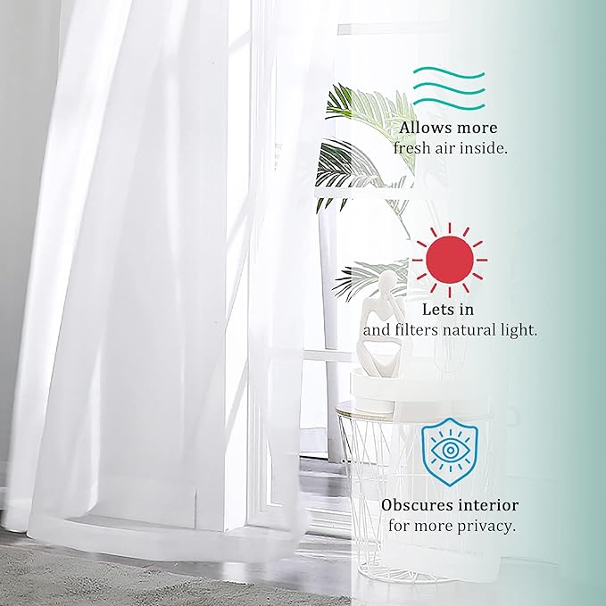 OVZME White Sheer Curtains 90 Inches Long 2 Panels - Soft Light Filtering Window Sheer Panels for Living Room/Bedroom, Top Dual Rod Pocket, 1 Pair, Each 42Wx90L Inches