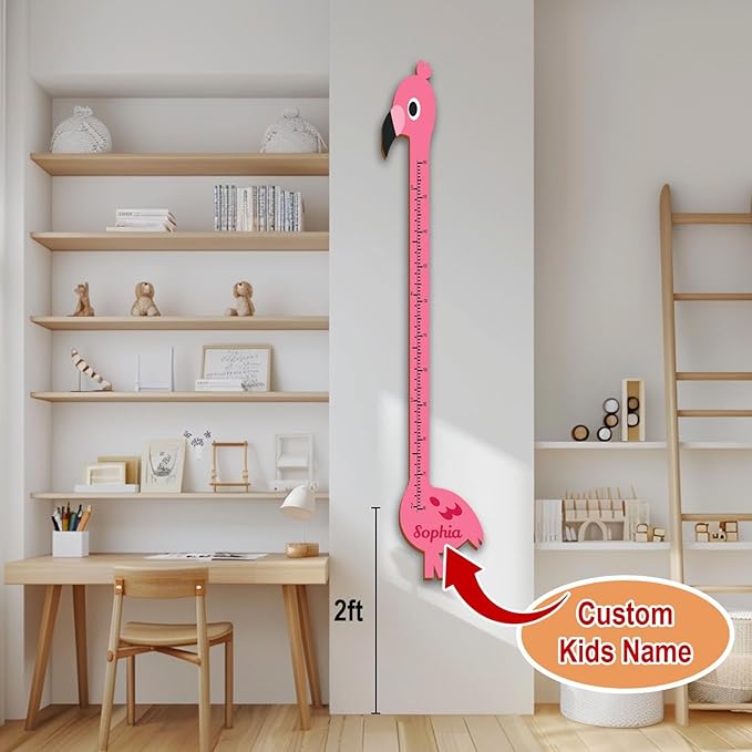 Personalized Growth Chart for Wall, Wooden Height Chart for Kids, Cute Height Measurement for Child/Girls/Boys, Baby and Toddler's Playroom/Kid's Room/Nursery Decor, Flamingo