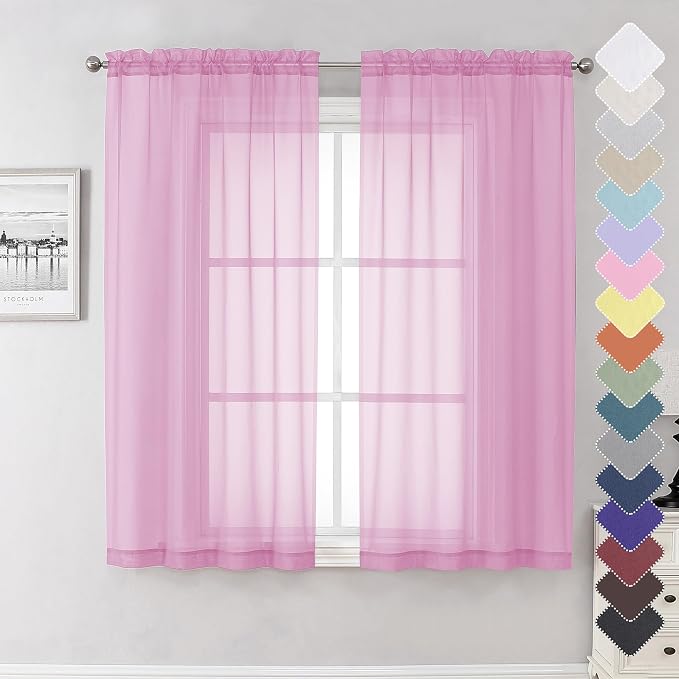 Light Pink Sheer Curtains 63 Inch Length 2 Panels Set, Elegant Voile Window by Lecloud
