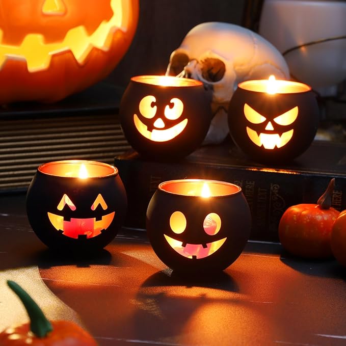 Set of 8 Halloween Candle Holder, Tealight Grimace Holder, Black Votive Candlesticks for Table Centerpieces Party Decoration