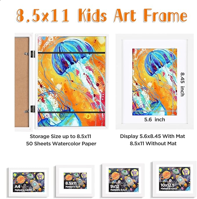 KINLINK 8.5x11 Kids Art Frames Set of 2, Solid Wood Kids Artwork Frames Changeable with Acrylic Front Opening Holds 150 Pictures, Art Frame for Kids Artwork with Mat or without Mat, White
