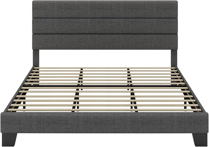 SHA CERLIN King Platform Bed Frame with Upholstered Fabric Headboard, Mattress Foundation with Strong Wooden Slats Support, No Box Spring Needed, Grey