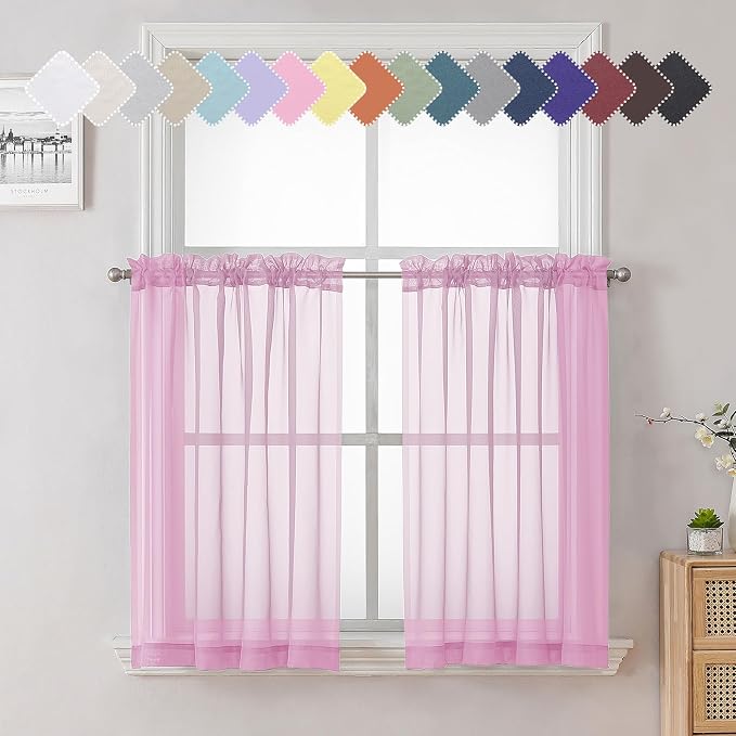 Light Pink Sheer Curtains 36 Inch Length 2 Panels, Elegant Voile Cafe Short by Lecloud