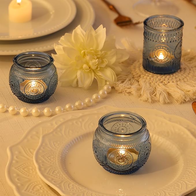 DARJEN 12Pcs Blue Votive Candle Holders - Votive Candle Holders Bulk, Glass Candle Holder for Party Decoration, Tea Lights Candle Holders for Wedding