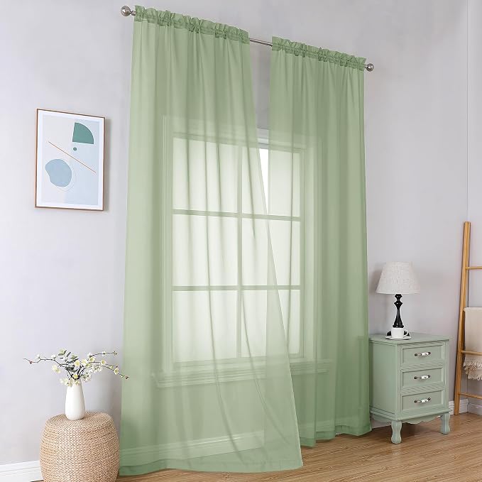 Simplebrand Light Green Sheer Curtains 72 Inches Long 2 Panels - Image 2