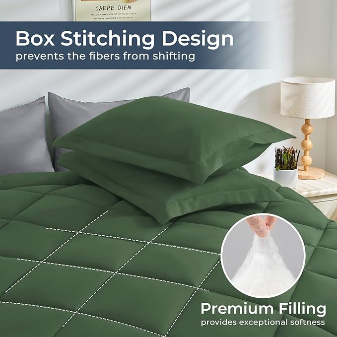 HEVUMYI King Comforter Set - 7-Piece All Season Bed in a Bag King, Ultra Soft Bedding Set with Comforter, Flat Sheet, Fitted Sheet, Pillowcases, Pillow Shams, Green & Light Grey