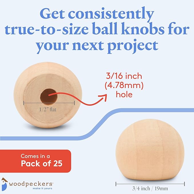 Wood Knobs, 3/4 Inch Round Natural Wood Drawer Pulls, Pack of 25 Unfinished Wooden Drawer Knobs, Ball Shaped Wood Cabinet Knobs, Nursery Dresser Knobs, Wood Door Knobs and Crafts