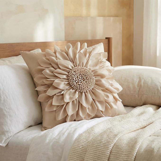 Beige Taupe Accent Flower Decorative Throw Pillow Covers - Image 2