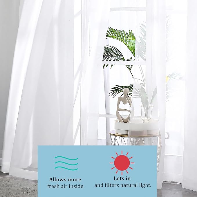 Sheer White Curtains, Sheer Curtains 63 inch Length 2 Panels Set, Rod Pocket - Image 2