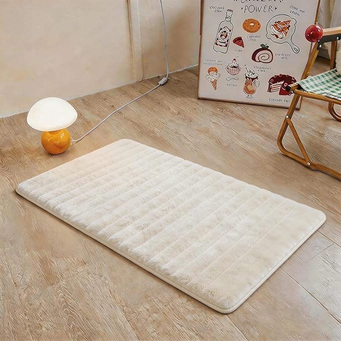 Creamy White Rabbit Striped Plush Rug 2'x3', Fluffy Faux Fur Shaggy Area Rug by CHOVY
