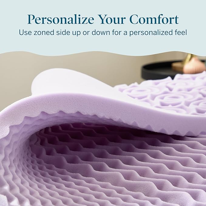 LUCID Lavender Infused 2 Inch Memory Foam Mattress Topper with 5 Zones – King Size – Plush Feel – CertiPUR Certified – Dorm Room Essentials