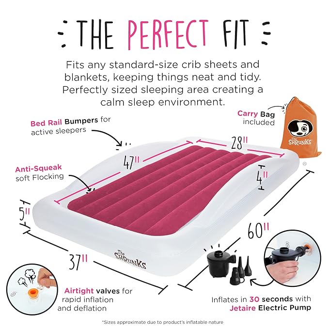 The Shrunks Pink Toddler Travel Bed | Inflatable Kids Air Mattress with Safety Bumpers & Electric Pump | Portable Blow-Up Bed for Camping, Sleepovers, Travel | Floor Bed Fits Standard Crib Sheets