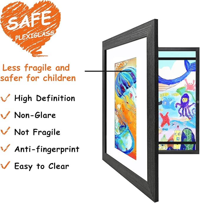 KINLINK 8.5x11 Kids Art Frames Set of 2, Solid Wood Kids Artwork Frames Changeable with Acrylic Front Opening Holds 150 Pictures, Art Frame for Kids Artwork with Mat or without Mat, Black Wood
