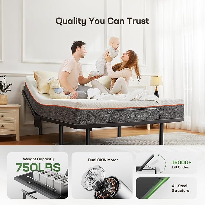 Marsail MS01 Twin XL Adjustable Bed Frame + 10-inch Gel Memory Foam Mattress, Adjustable Bed Base with Under-Bed Nightlight, Wireless Remote Control Adjustable Bed with 4 Height Options, Twin XL