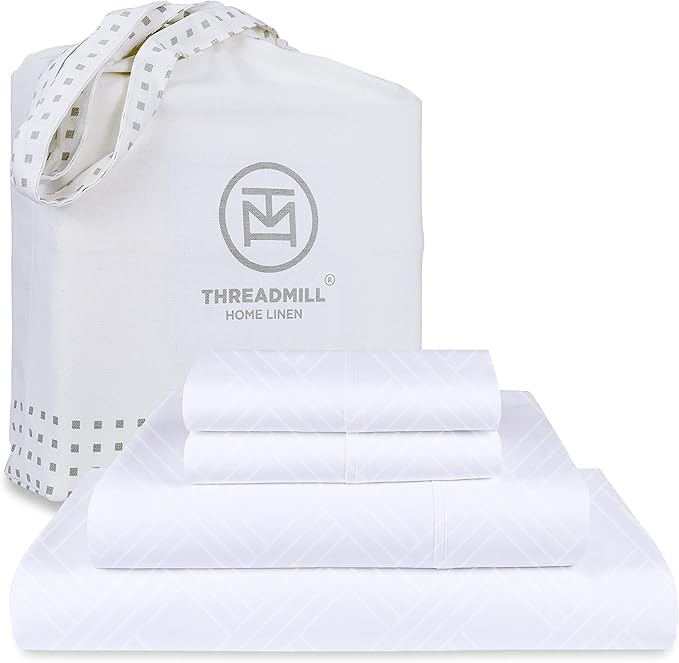 Threadmill Luxury 100% Cotton Queen Bed-Sheets - 800 Thread Count Jacquard Celine Hotel White, Better Than Egyptian Cotton,4 Pc Striped Bed Set, Damask Sheets with 16" Deep Pocket