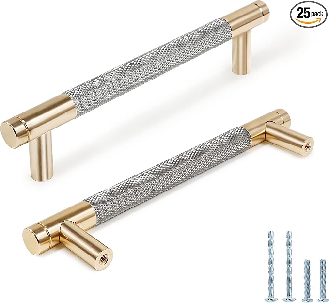 Knurled Cabinet Pulls 25 Pack, 6 Inch Long Cabinet Handles Metal Door Pulls, Kitchen Drawer Pull Knurled Dresser Handles - 5" Hole to Hole, Grey & Gold