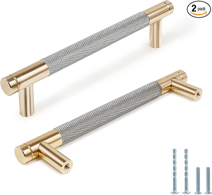 Knurled Cabinet Pulls 2 Pack, 6 Inch Long Cabinet Handles Metal Door Pulls, Kitchen Drawer Pull Knurled Dresser Handles - 5" Hole to Hole, Grey & Gold