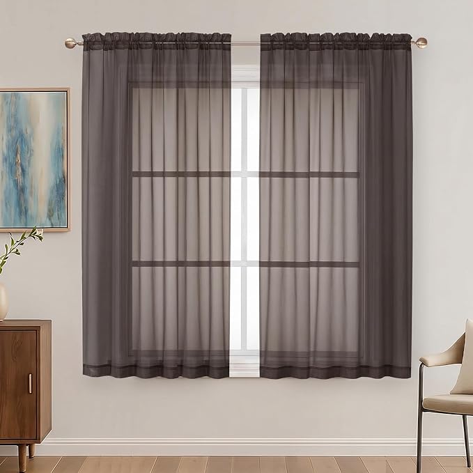 Chocolate Sheer Curtains 63 Inches Long 2 Panels Set, Light Filtering Sheer by OVZME