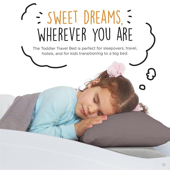 The Shrunks Toddler Travel Bed Portable Inflatable Air Mattress Blow Up Bed for Indoor/Outdoor Camping, Backyard, Hotel, or Home Use Kids/Toddler Floor Bed with Side Bed Rails and Electric Pump Grey