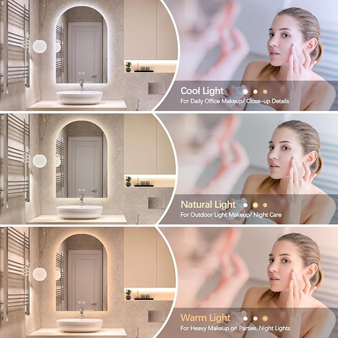 Niccy Arched LED Bathroom Mirror, 32x20 Inch Arch Frameless Backlit Mirrors for Wall Arched Lighted Vanity Mirrors Defogger and 3 Color, Explosion-Proof, HD Glass and IP65 Waterproof