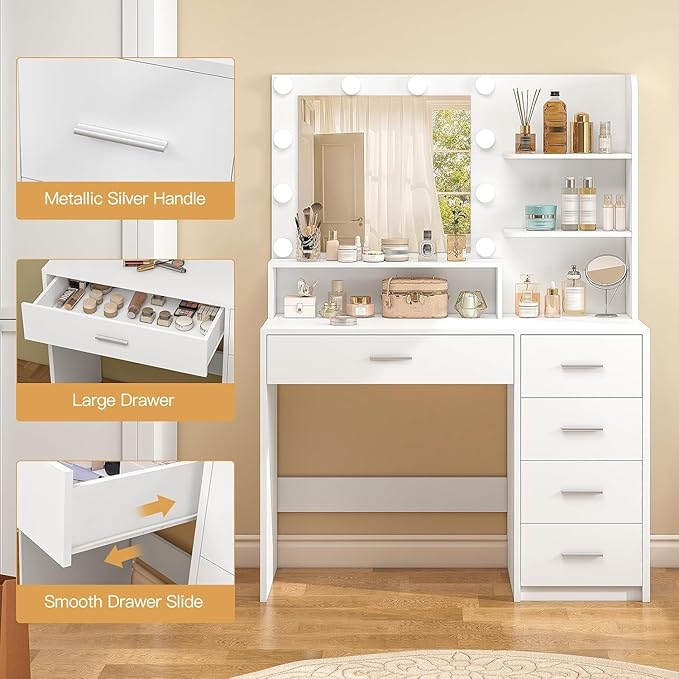 Quimoo Vanity Desk with Mirror & Lights, Makeup Vanity with 5 Drawers & Storage Shelves, White Vanity Table, 3 Color Modes & Adjustable Brightness, Dressing Table, Bedroom