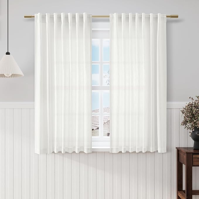 Ivory Linen Sheer Curtains 54 Inch Length 2 Panel Set Back Tab Rod Pocket Semi by Nanspring