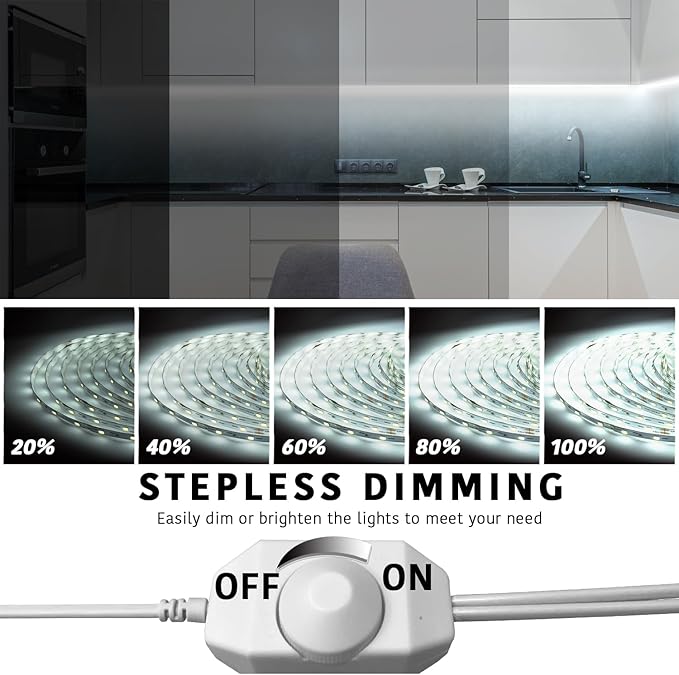 dalattin White LED Strip Lights, 40ft Dimmable LED Light Strip 6500K Bright Daylight White 24V, 720 LEDs 2835 Tape Lights for Bedroom, Kitchen, Mirror, Home Decoration(2 * 20ft)