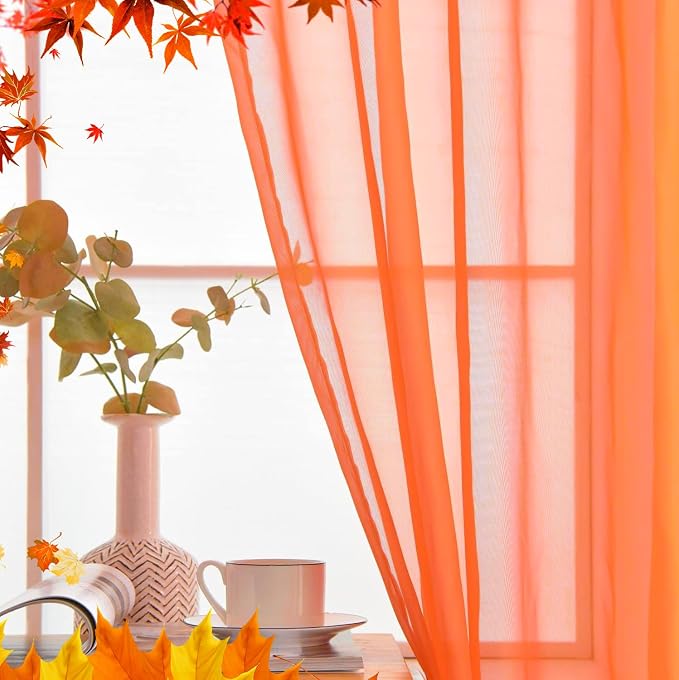 SpaceDresser Basic Rod Pocket Sheer Voile Window Curtain Panels Jaffa Orange 1 - Image 4