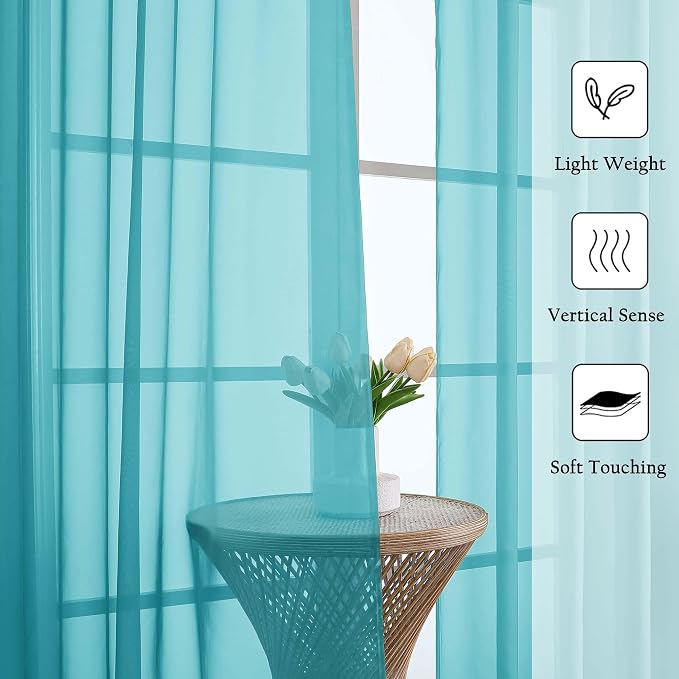 Turquoise Sheer Curtains 96 Inches Long 2 Pcs, Light Filtering Window Curtains - Image 2