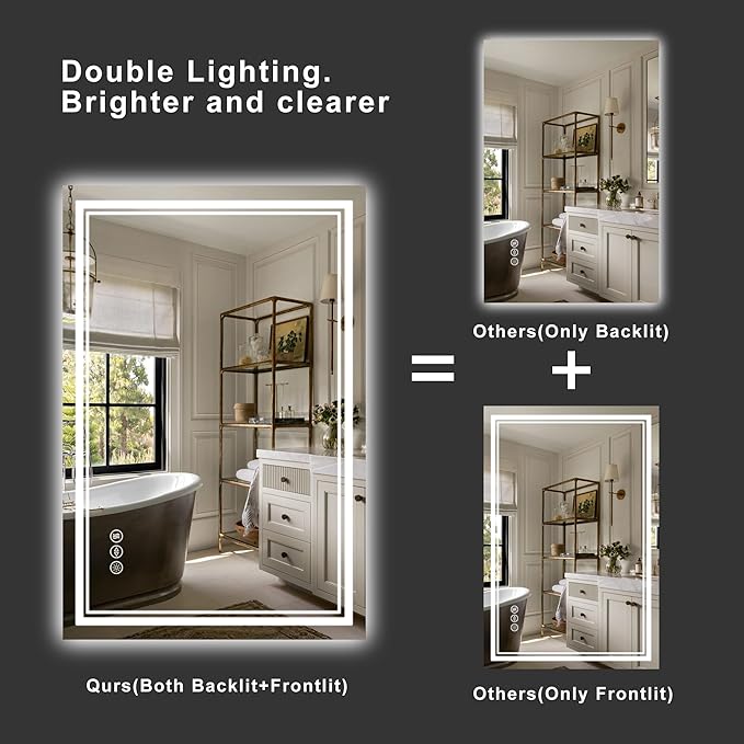 36''x24'' Lighted Mirrors for Bathroom Wall Backlit + Front Lit, Rectangular LED Bathroom Mirror Frameless with Lights Anti Fog, Dimmable, 3 Colors,Tempered Glass, Shatter-Proof (Color 1,)