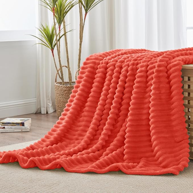 BEDELITE Striped Fleece Throw Blanket, Coral Red, Soft Cozy, Lightweight Warm - Image 7