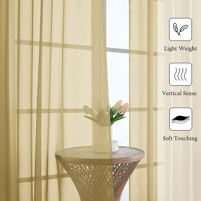 Gold Sheer Curtains 108 Inches Long 2 Panels, Dual Rod Pocket Light Filtering - Image 2